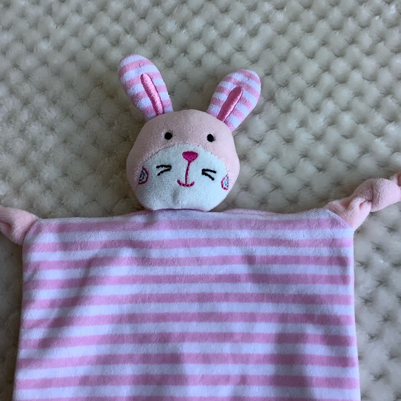 Pink and White Striped Bunny Rabbit Lovey Rattle Security Blanket Toy Knotted - Picture 3 of 8